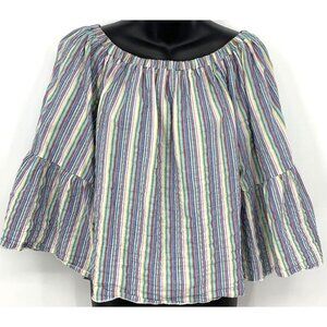 See by Chloe Top Blouse Women Size 36 4 Stripe Pink Blue Off Shoulder Ruffle B60